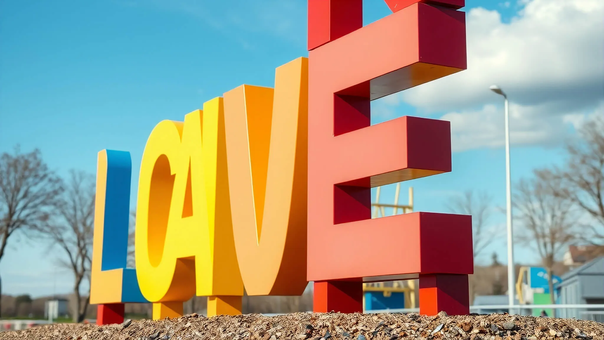 big letters stand on the ground of playground with blue sky